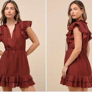 Lulus Tanaya Rust Brown Flutter Sleeve Tiered Mini Dress - Size L